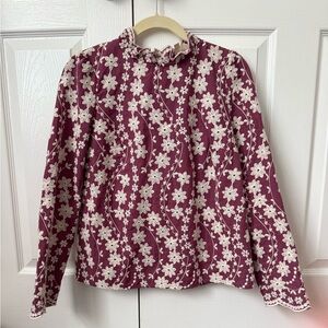Sezane Embroidered Floral Eglantine Blouse Top in Violet Aubergine Color Sz 36